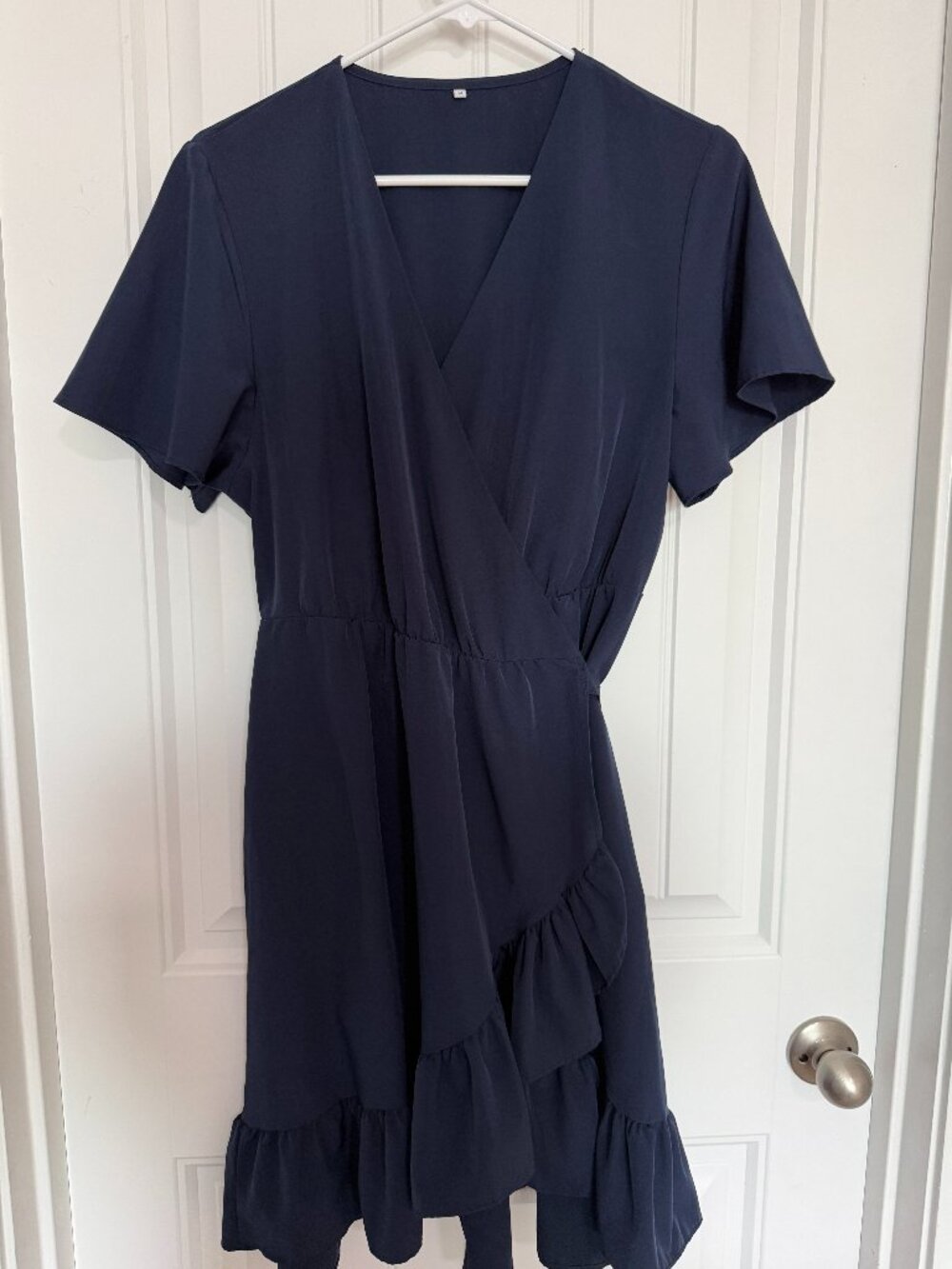 SHEIN Navy Blue Short Sleeve Wrap Front Ruffle Hem Dress Size M